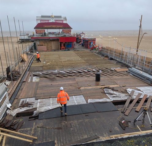 Recent progress photo of Britannia Pier, Great Yarmouth, showing ongoing refurbishment works. This image highlights essential restoration efforts on one of Norfolk’s most iconic coastal landmarks. Paul Robinson Partnership, expert architects in Norfolk, specialises in heritage conservation, coastal regeneration, and sustainable architecture. As leading designers in Norfolk, we understand the importance of preserving historic structures while integrating modern design solutions. Explore our architectural expertise in Norfolk, where we blend innovative planning with the protection of local heritage, shaping the built environment for future generations.