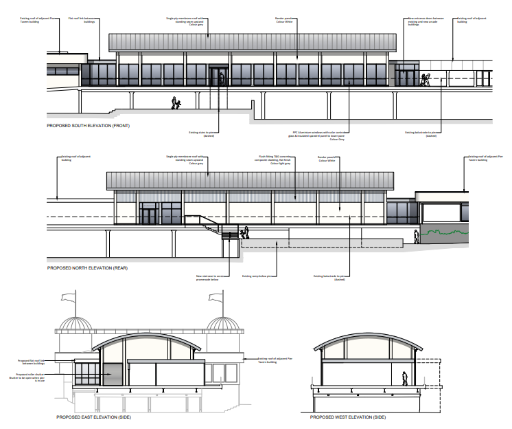 Proposed elevation drawings for Britannia Pier refurbishment in Great Yarmouth, showcasing detailed architectural plans for the coastal regeneration project. Designed by Paul Robinson Partnership, leading Norfolk architects, the scheme focuses on sustainable design and heritage preservation. This architectural proposal integrates modern refurbishments while respecting the historical context of the pier, ensuring long-term structural resilience. Explore our expertise in heritage conservation, pier architecture, and coastal regeneration across Norfolk and beyond.